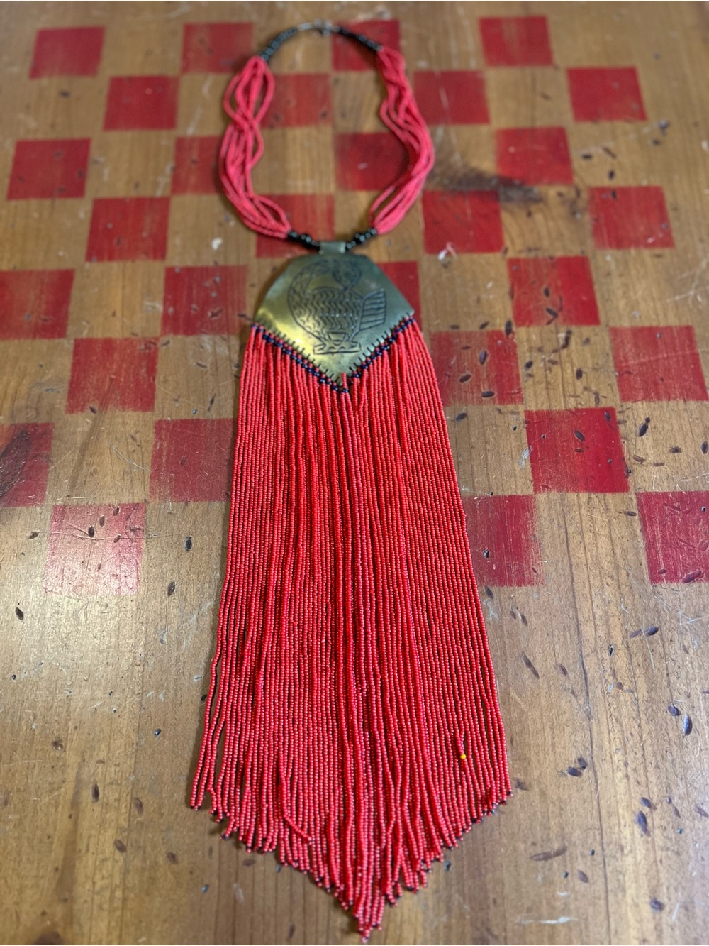 Handmade Red Beaded Fringe Statement Necklace